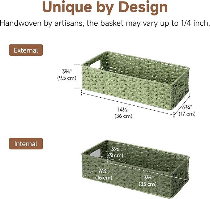 StorageWorks Small Wicker Toilet Basket Tank Topper with Built-in Handles, Toilet Paper Baskets for Back of Tank, Paper Rope Bathroom Basket Organizer and Storage for Sage Green Bathroom Decor, Green