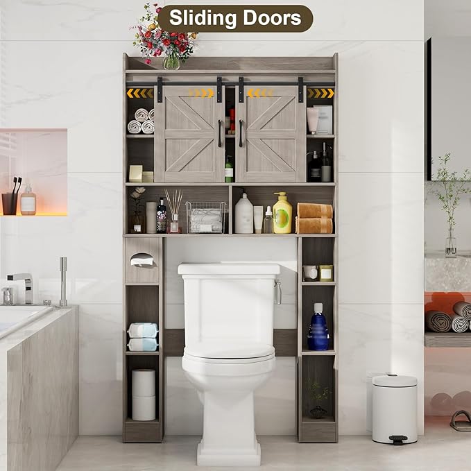 Vabches Farmhouse Storage Cabinet Over Toilet with Sliding Doors, Home Space-Saving Toilet Rack, Over The Toilet Storage Cabinet, Open Storage Shelf, for Bathroom, Laundry, Restroom.Wash Grey
