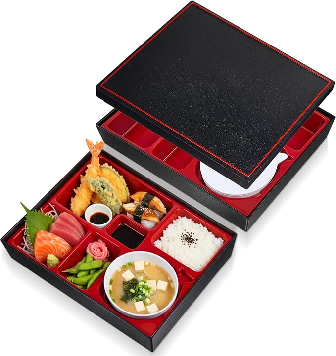 2 Pcs 12 x 9.5 x 2.2 Inch Japanese Lunch Box 6 Compartments and Bowl Divided Bento Box with Greaseproof Adult Japanese Bento Lunch Container Sushi Home Restaurant