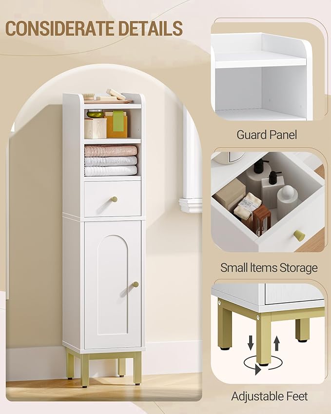 Bathroom Storage Cabinet, Corner Floor Cabinet with Drawers and Doors, Narrow Toilet Paper Holder, Bathroom Organizer with Adjustable Shelf, for Small Spaces, White BC19803GV1