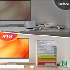 Docnest 6 Tier Mesh Desk Organizer for Paper Office Supplies – Multi-Functional Letter Tray with 5 Adjustable Compartments, 4 Pen Holders, Desktop Storage for Files, Mail, Stationery – White
