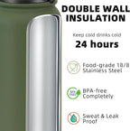 Fanhaw 24 oz Insulated Stainless Steel Water Bottle with Anti-Dust Chug Lid, Leakproof Vacuum Metal Bottle for Kids, Women & Men (Olive Green)