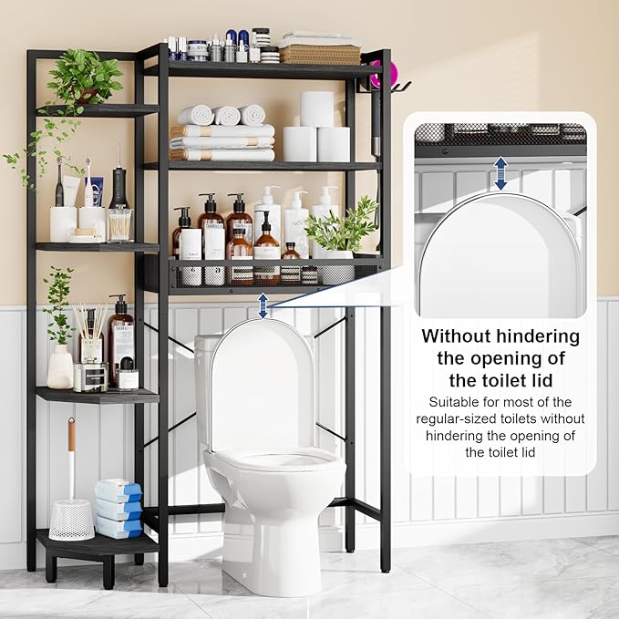 K1 Heavy Duty 7-Tier Over The Toilet Storage（with Basket and Paper Hook） Freestanding Above Toilet Shelf with Adjustable Feet，Space Saver Bathroom Shelves 9.3" D x 33.5" W x 63.8" H，Black