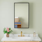 Buruis 14"x 24" Small Framed Medicine Cabinet with Mirror, Compact Recessed or Wall Mounted Bathroom Cabinet, Adjustable Tempered Glass Shelves, Left/Right Open Reversible, No Assembly Required, Black