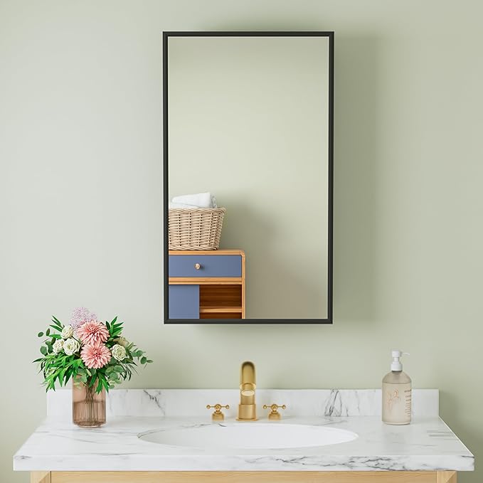 Buruis 14"x 24" Small Framed Medicine Cabinet with Mirror, Compact Recessed or Wall Mounted Bathroom Cabinet, Adjustable Tempered Glass Shelves, Left/Right Open Reversible, No Assembly Required, Black