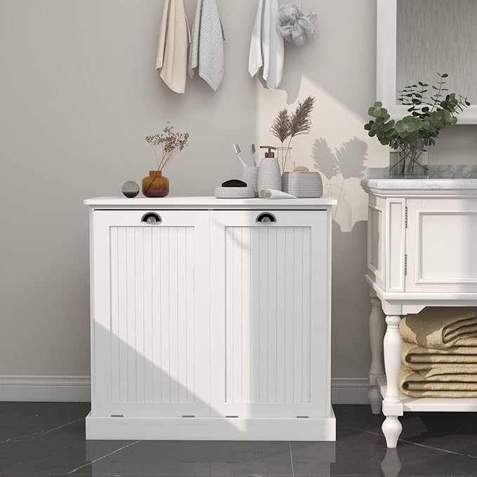 Two-Compartment Tilt-Out Laundry Sorter Cabinet with Removable Bags, E1 MDF Construction, UV Painted Finish, 32.68" L x 31.5" H, 100 Lbs Capacity, White