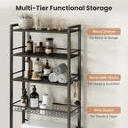 Over The Toilet Storage Rack, Bathroom Organizer with 3 Shelves & Basket, Space Saver Over Toilet Shelf with Adjustable Hooks,Black