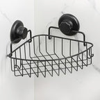 Corner Shower Caddy with Suction Cup Shower Shelf with Hooks, Stainless Steel Bathroom Caddy, Wall Mounted Shower Basket for Bathroom, Adhesive 3M Stick Discs Included (Black)