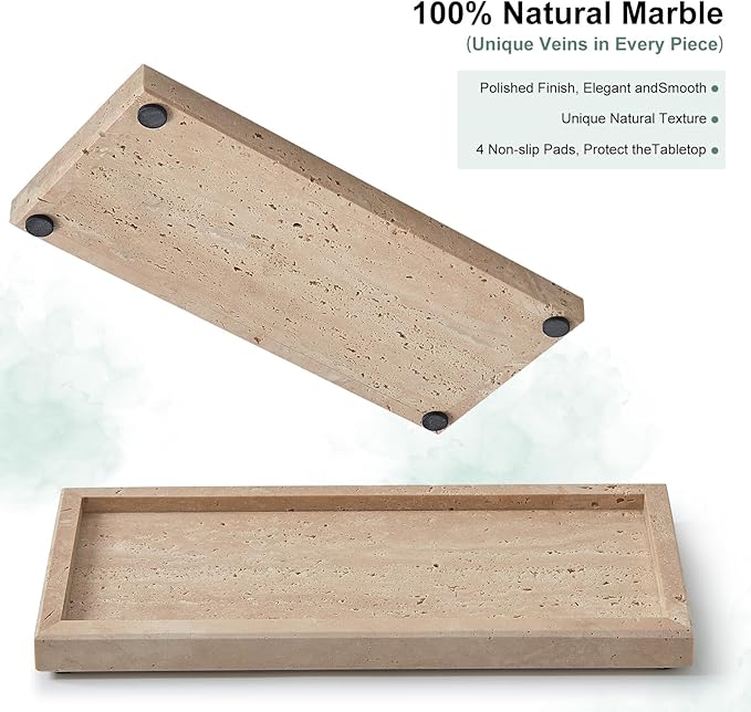 Natural Small Marble Vanity Tray, Luxury Stone Organizer for Bathroom & Kitchen | Holds Soap Dispenser, Jewelry, Perfume | Non-Resin, Non-Ceramic Décor (Travertine, M (11.8" x 5.1" x 0.78"))