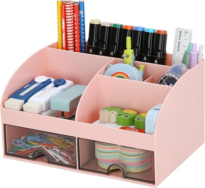 Office Desk Organizer with Drawers for Desktop/Tabletop/Counter, Desk Top Accessories Stationary Organizer Desk Caddy, Pen/Pencil/Business Card/Sticky Note Tray/Paperclip Holder Storage Box (Pink)