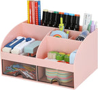 Office Desk Organizer with Drawers for Desktop/Tabletop/Counter, Desk Top Accessories Stationary Organizer Desk Caddy, Pen/Pencil/Business Card/Sticky Note Tray/Paperclip Holder Storage Box (Pink)