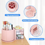LETURE Rotating Office Desk Organizers and Accessories with 2 Drawer, Pencil Pen Marker Holder for Desk, Desktop Storage Organizers and Accessories for Office Home Art Supplies (Pink)