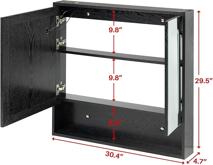 ALIMORDEN Medicine Cabinet with Light, Bathroom Wall Cabinet with Defogger Mirror & LED Lights, 2 Doors Wall Mounted Bathroom Mirror, Recessed or Surface Mount, Morden Black(Cubic 30.4 x 29.5), Small