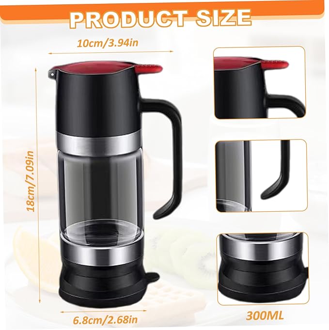 Syrup Dispenser, Honey Dispenser No Drip, 300ml Clear Glass Honey with Press Type, Leakproof Syrup with Handle, Container with Stand for Coffee Tea