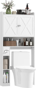 HOMCOM Over the Toilet Storage Cabinet, Farmhouse Above Toilet Bathroom Organizer with Barn Doors, Adjustable Shelf, Toilet Paper Holder, Freestanding Space Saver for Laundry, Distressed White