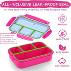 QQKO Bento Box for Kids Adults, School Toddler Lunch Box for Boys Girls, Lunch Box Containers with 4 Compartments, Sauce Container, Utensils, Food Picks and Muffin Cups for School, Pink Blue