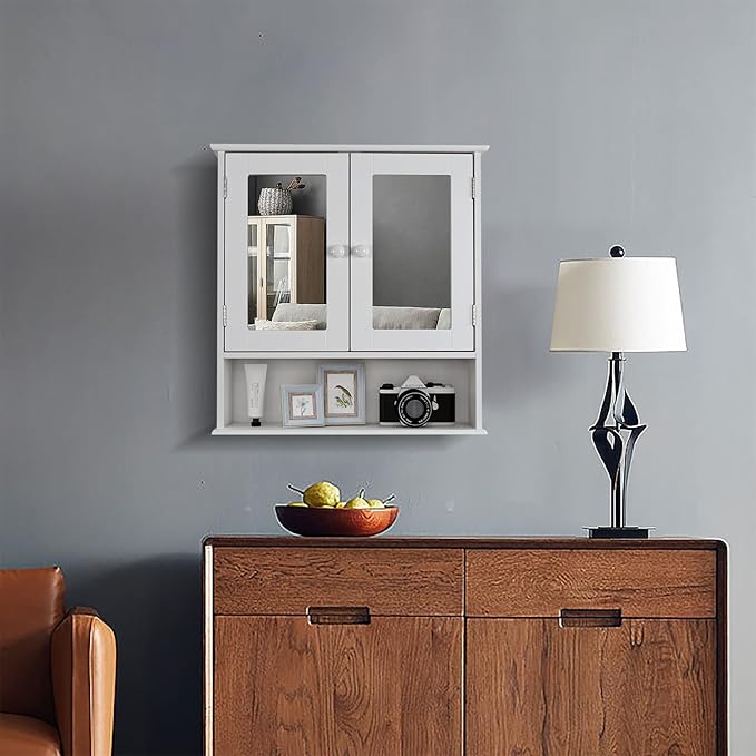 TaoHFE Medicine Cabinet, Medicine Cabinets for Bathroom with Mirror 2 Doors 3 Open Shelf, Bathroom Cabinet Wall Mounted Wooden Storage Over Toilet Laundry Room Kitchen