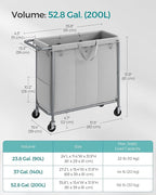SONGMICS Laundry Basket with Wheels, 3-Section Rolling Laundry Hamper, 52.8 Gallons (200 L), Removable Liner, Steel Frame with Handle, 35.8 x 15.4 x 31.9 Inches, Dove Gray URLS005G01