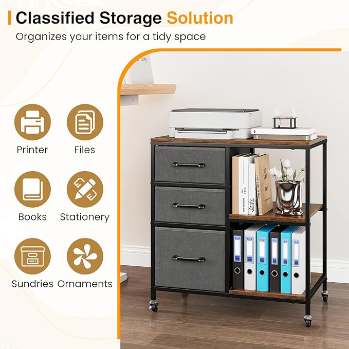 Giantex File Cabinet, Printer Stand with Storage, 3 Fabric Drawers, Open Storage Shelves, Charging Station, 4 Rolling Wheels (2 Lockable), Lateral Filing Cabinet for Home Office Organization (Grey)