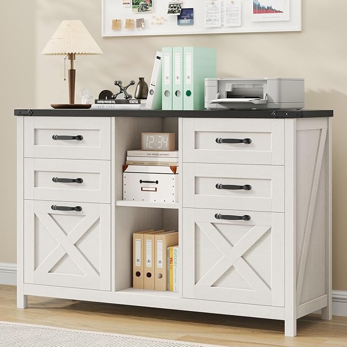 Lateral File Cabinet with 6 Drawers, Farmhouse Filing Cabinet for Letter/A4 Size, Wood File Storage Cabinets Printer Stand with Open Storage Adjustable Shelf for Home Office Cabinets, White and Black