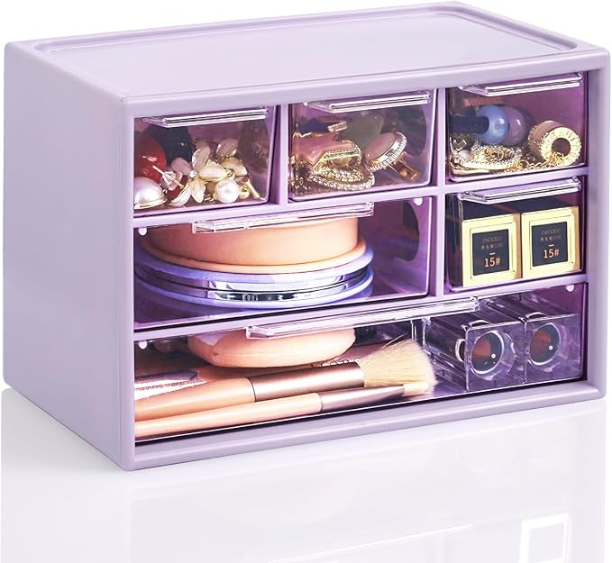 Desk Storage Organizer with 6 Mini Drawers, FODIENS Stackable Desktop Craft Drawer Cabinet, Clear Storage Box Caddy for Makeup Jewelry Office Craft Supplies (Purple)