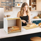 Bread Box for Kitchen Countertop, Double Layer Bamboo Bread Storage Container for Homemade Bread, Roll Top Bread Box with 3 Adjustable Height for Kitchen Counter, White Breadbox Organizer