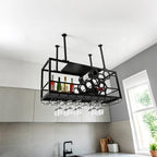Ceiling Mounted Wine Rack with Glass Holder, Black Iron Hanging Wine Bottle Storage, 39.37x11.81x15.75 Inch, 150lbs Capacity, Modern Rectangular Design