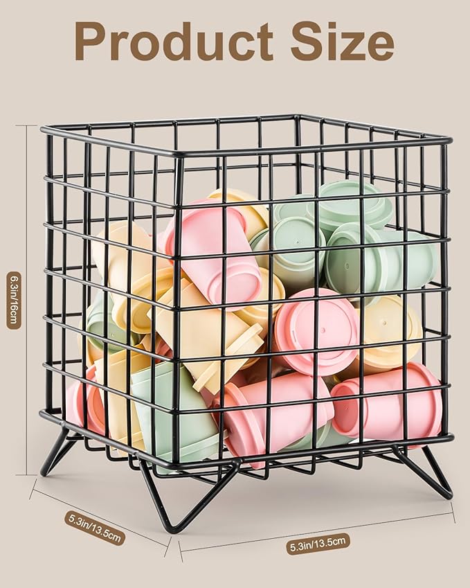 FantasyLife K Cup Holder Organizer, 5.3" x 5.3" x 6.3" Coffee Pod Storage Basket, Coffee Bar Accessories Metal Basket, Large Capacity Countertop Organizer for Kitchen Counter & Office Desktop (Black)