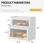 Double Layer Bamboo Bread Box for Kitchen Counter,Bread Holder,Countertop Bread Storage with Window (White)