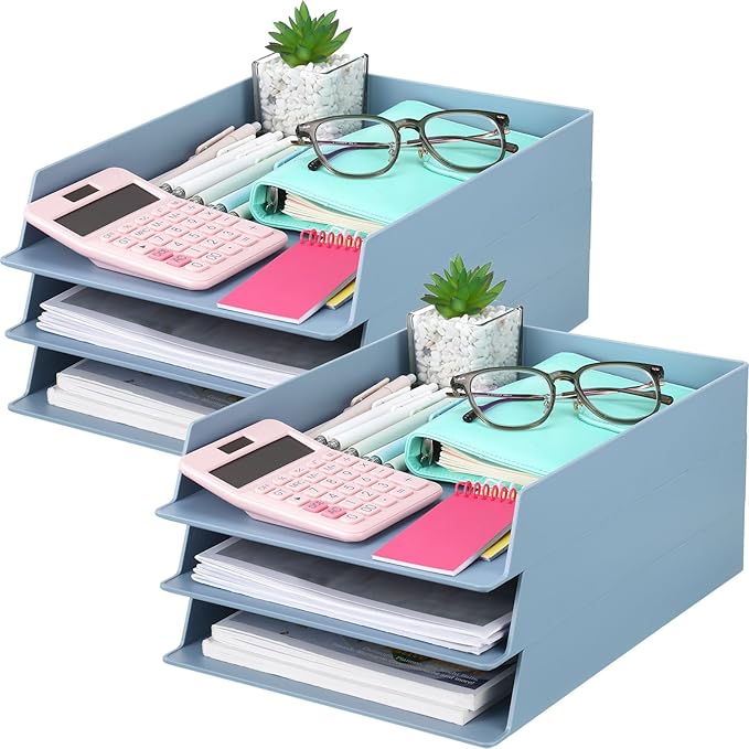 TecUnite 6 Pieces Stackable Letter Trays Blue Rectangular Stackable Office Letter Size Plastic Organizer Desk Tray for Desk Plastic Stacking Support for File Storage Office Classroom