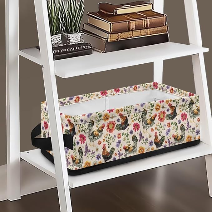 Rectangular Toilet Paper Basket Countertop Fabric Storage Bin for Organizing Towels Toiletries Baskets Small Household Items Organizer, Rooster Chicken Floral Print