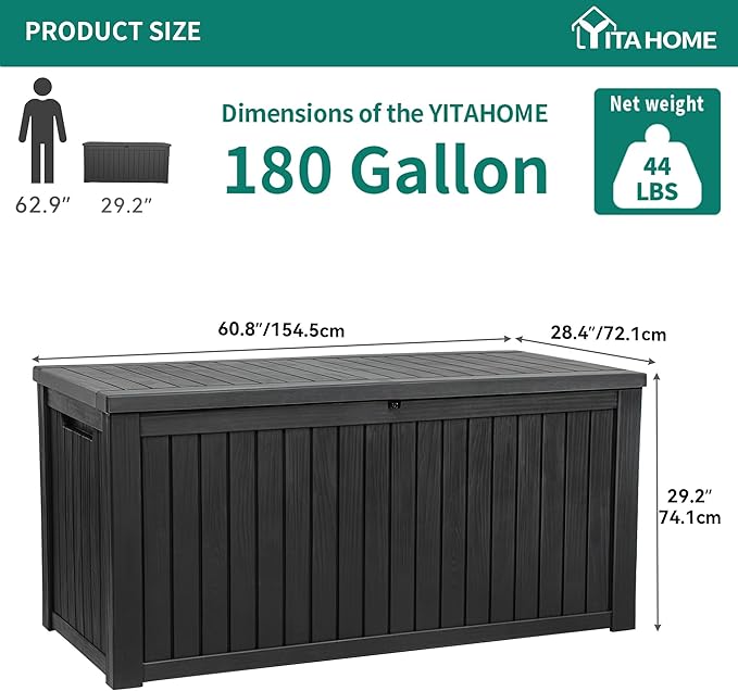 YITAHOME 180 Gallon XL Deck Box Large Outdoor Storage w/Divider for Patio Furniture,Outdoor Cushions, Garden Tools, Sports Equipment and Pool Supplies, Waterproof, Resin, Lockable, Black