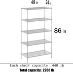 24" Deep x 48" Wide x 86" Height Wire Shelving Kit | 5-Tier | NSF Commercial Storage Rack Unit