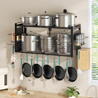 31 Inch Pot Rack Wall Mounted, 2-Tier Pots and Pans Organizer with 20 Hooks & Pan Organizer and Spice Rack, Heavy Duty Hanging Pot Hanger for Kitchen Cookware, Utensils, Black