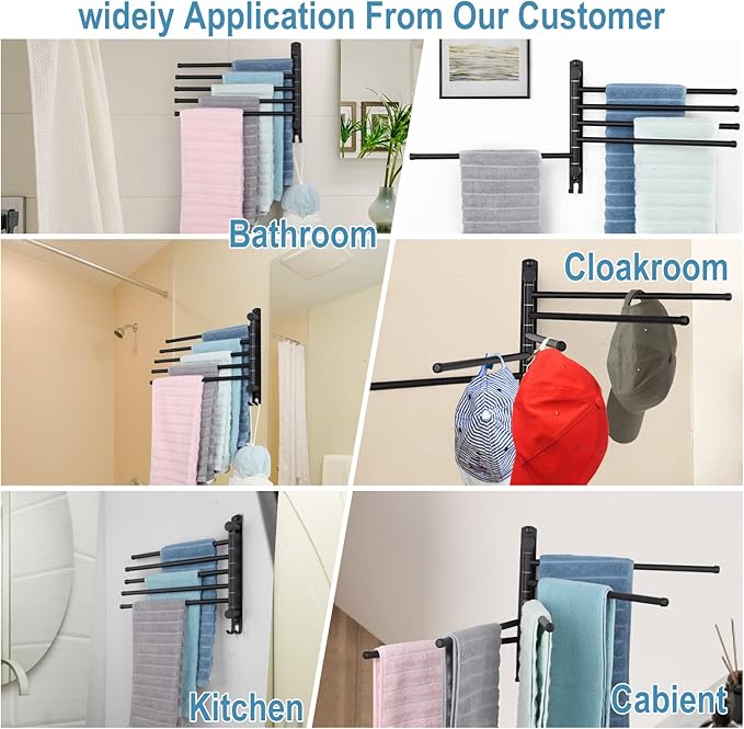 Matte Black 6 - Arm Stainless Steel Swivel Towel Rack with Hook: Wall - Mounted, Rustproof Space - Saver for Bathroom & Kitchen - 180° Rotation, 14kg Capacity