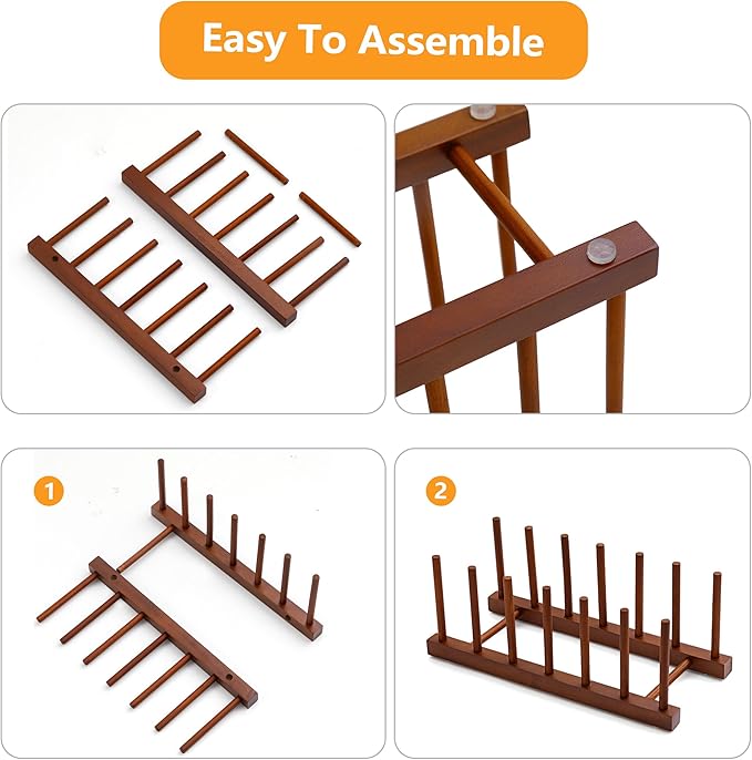 HBlife 2pcs 6 Slots Teak Dish Plate Bowl Cup Book Pot Lid Cutting Board Drying Rack Stand Drainer Storage Holder Organizer Kitchen Cabinet（Keep Dry）