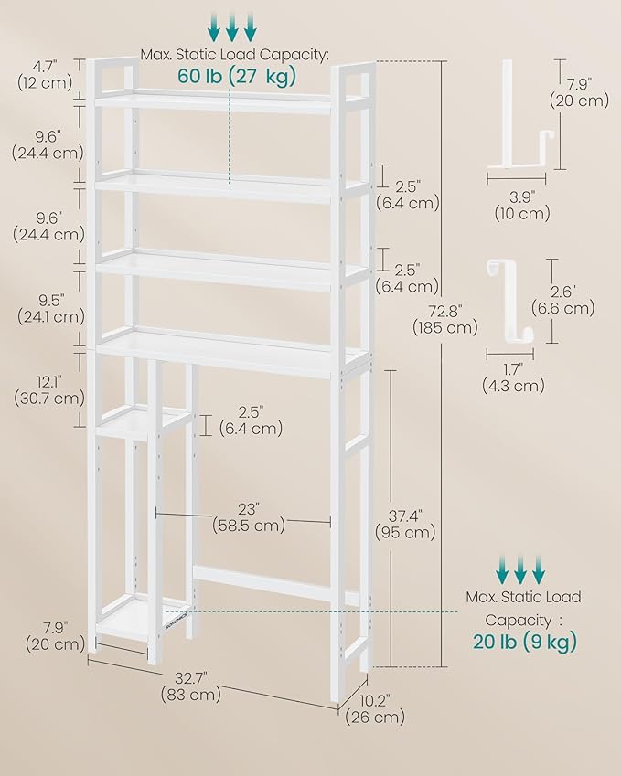 SONGMICS Over the Toilet Storage, 4-Tier Over Toilet Bathroom Organizer with Adjustable Shelves, 26 x 83 x 185 cm, Space-Saving, Cloud White UBTS017W01