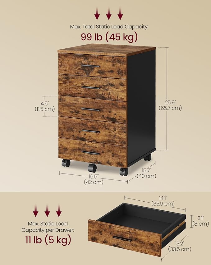 VASAGLE File Cabinet, Mobile Pedestal Filing Cabinet with Wheels, Printer Stand with 5 Drawers, Tool-Free Sliding Rails, for Study, Home Office, Rustic Brown UOFC081KD02