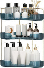 Corner Bathroom Countertop Organizer, Vanity Organizer Trays for Counter, Makeup Organizers, Perfume Tray, Skincare Shelf Storage Gifts for Women Girl Student (Blue, 3 Tiers)