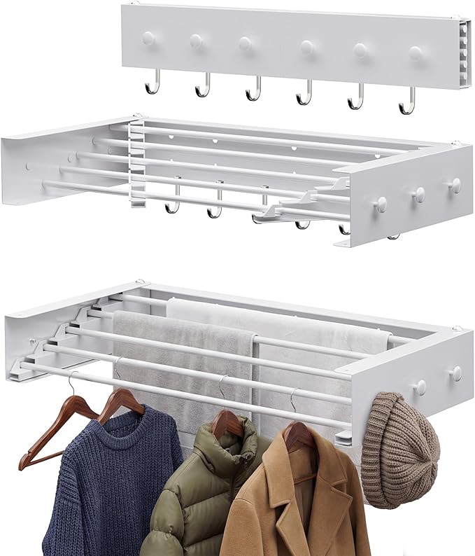 Extra Wide 42.52" Laundry Drying Rack Wall Mount - Retractable Clothes Drying Rack with 6 Hooks & 6 Knobs, Heavy Duty 60LBS Metal Airer, Large Foldable Wall Hanger for Indoor