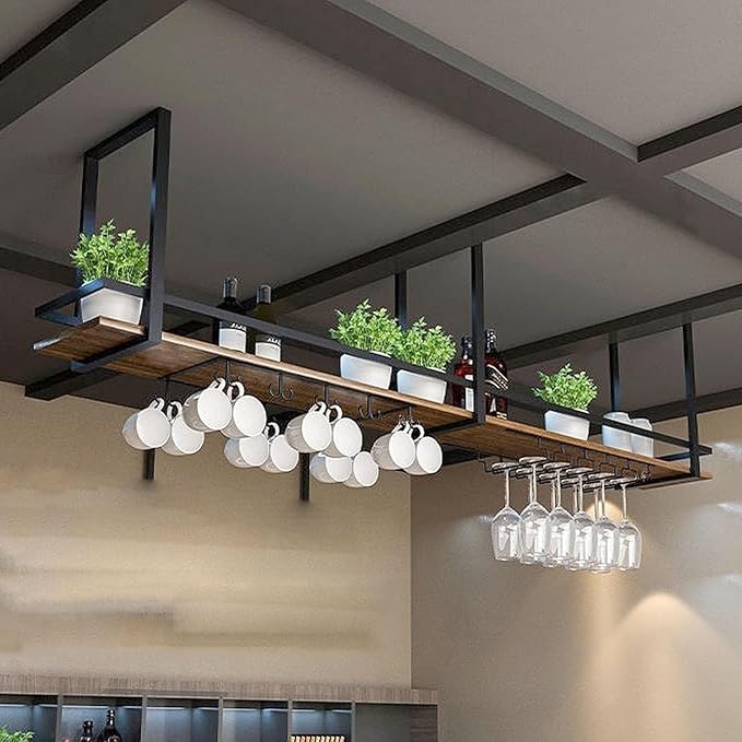 Ceiling Hanging Plant Stand Metal Wine Rack - Floating Shelves， Wooden Hanging Wine Glass Holder, Ceiling Mounted Storage Rack, Industrial Ceiling Mount Shelves 2 Layer (Size : 140X30X50CM)