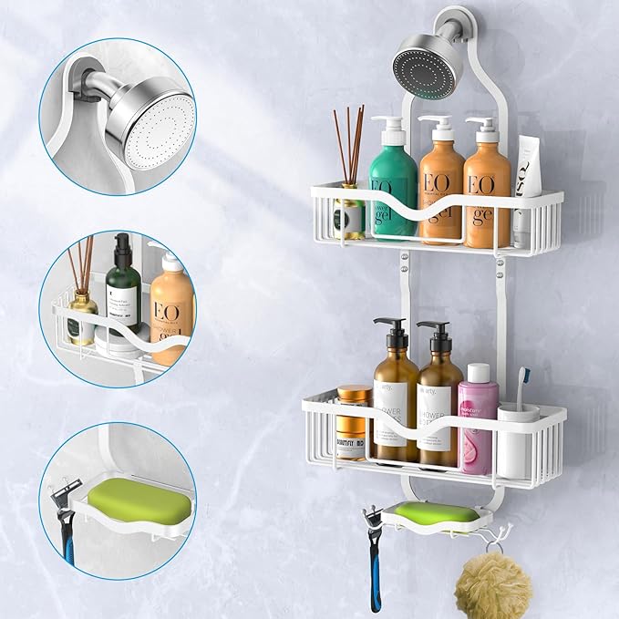 Kadolina Shower Caddy Hanging, Bathroom Shower Rack, Bathroom Organizer with Soap Dish, Over The Showerhead Caddy with Hooks for Razor/Sponge, Soft White (Assembly Required)