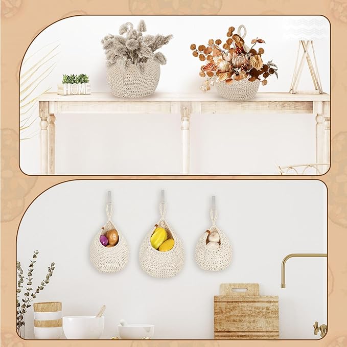 Hanging Fruit Baskets for Kitchen - 6 Pack Boho Wall Hanging Basket,Handwoven Wall Fruits Basket,for Garlic Potato Vegetable Onion Teardrop Home Hanging Storage Baskets(White Classic）