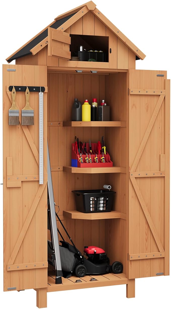 GarveeLife 70 in Outdoor Wooden Storage Shed Waterproof, Vertical Outdoor Storage Cabinet with 3 Shelves, Roof Storage & Lockable Door, Space-Saving Garden Tool Shed for Patio, Yard, Lawn