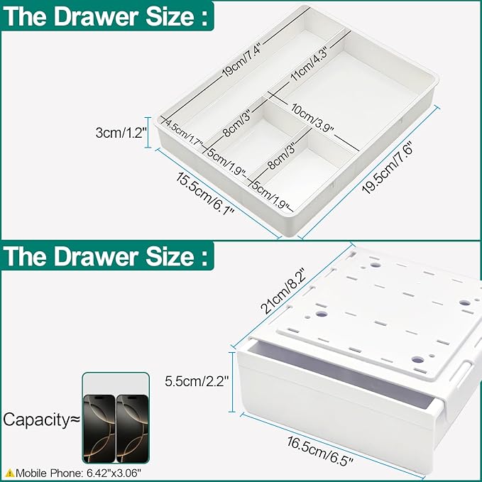 Under Desk Table Drawer Storage Organizer, Slide Out Drawer with 4 Compartments Divider,Pencil Storage Self-Adhesive Tray Under Table (M/White+White)