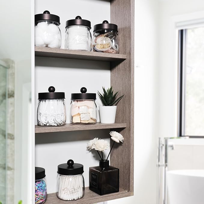 Farmhouse Decor Apothecary Jar Set,Mason Jar Bathroom Vanity Storage Organizer Canister-Qtip Holder Plastic Acrylic Jar for Cotton Swabs, Cotton Pad, Floss Pick, Paper Clip, Hair Clip (4 Pack, Bronze)