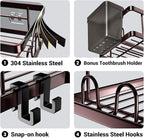 Shower Caddy Corner Organizer: 2Pack Adhesive Shower Shelf Essentials - No Drilling Stainless Steel Bathroom Storage Rack with Hooks and Toothpaste Holder - Shower Accessories