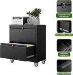 Aobabo 2 Drawer Lateral File Cabinet with 4 Detachable Wheels,Steel Filing Storage with Independent Locks and Index Card Holders for Home Office, 15.87" D x 28.94" W x 34" H, Black,Required Assembly
