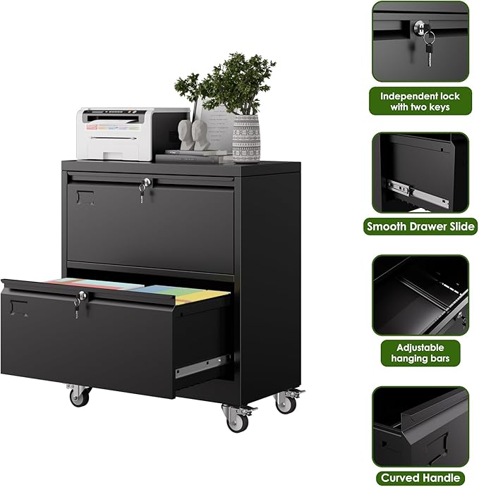 Aobabo 2 Drawer Lateral File Cabinet with 4 Detachable Wheels,Steel Filing Storage with Independent Locks and Index Card Holders for Home Office, 15.87" D x 28.94" W x 34" H, Black,Required Assembly