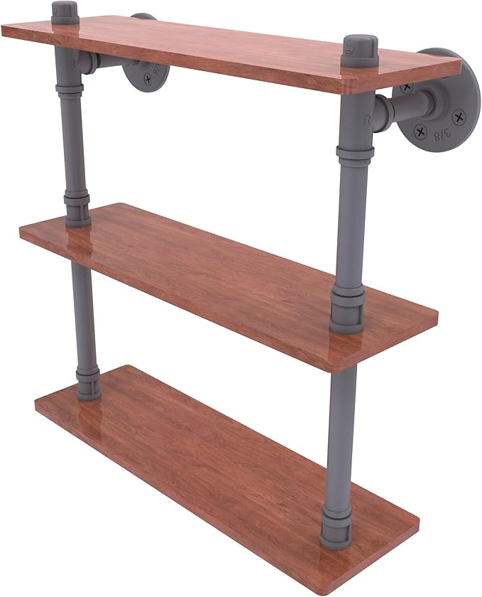 Allied Brass P-490-16-TWS-GYM Pipeline Collection 16 Inch Ironwood Triple Shelf, Matte Gray